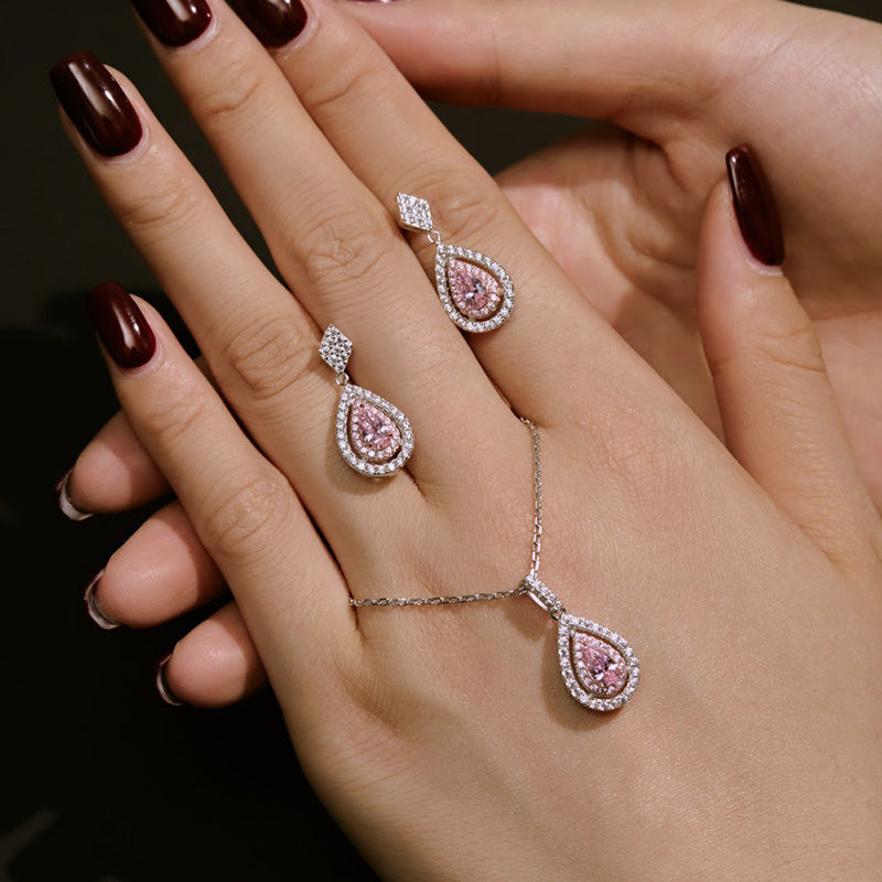 Conjunto de joyas de diamantes simulados rosas y blancos en plata de ley y oro blanco