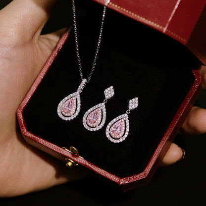 Conjunto de joyas de diamantes simulados rosas y blancos en plata de ley y oro blanco