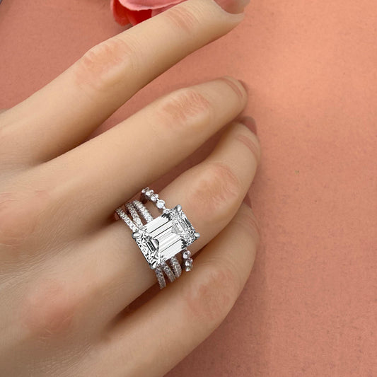 3 PCS 925 Sterling Silver Emerald Cut Sona Simulated Diamond Ring