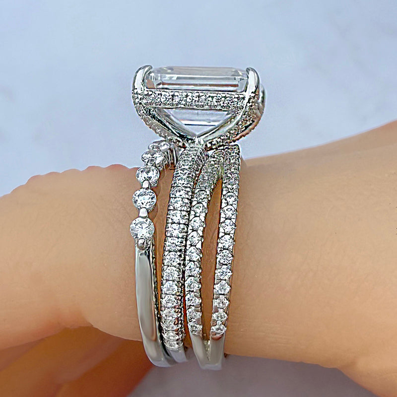 3 PCS 925 Sterling Silver Emerald Cut Sona Simulated Diamond Ring