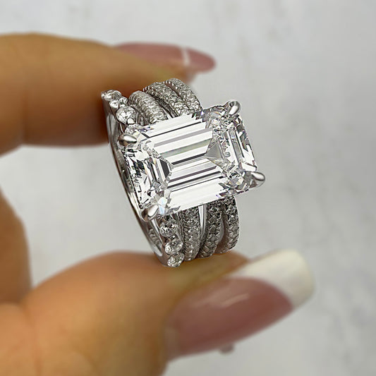 3 PCS 925 Sterling Silver Emerald Cut Sona Simulated Diamond Ring