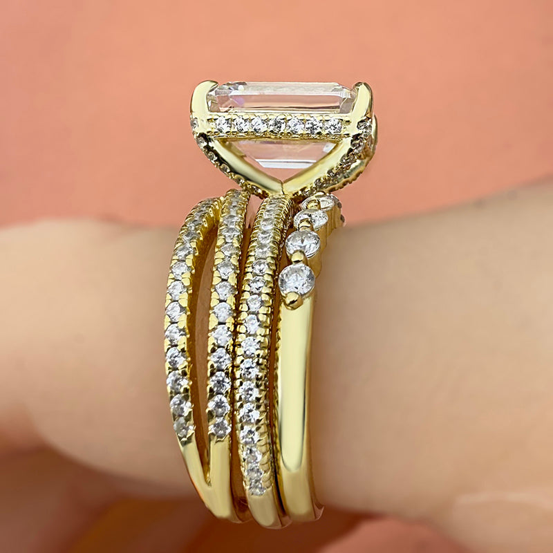 3 PCS 925 Sterling Silver Emerald Cut Sona Simulated Diamond Ring