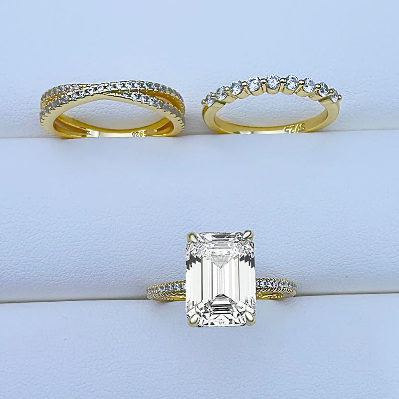 3 PCS 925 Sterling Silver Emerald Cut Sona Simulated Diamond Ring