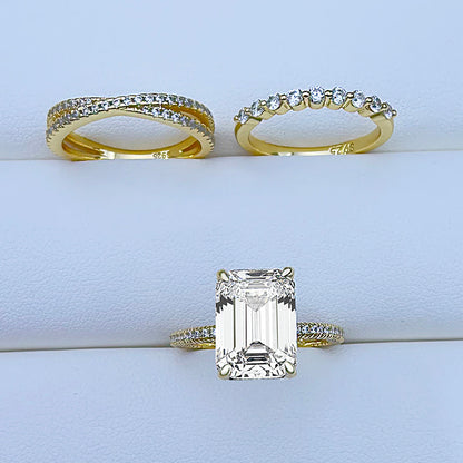 3 PCS 925 Sterling Silver Emerald Cut Sona Simulated Diamond Ring