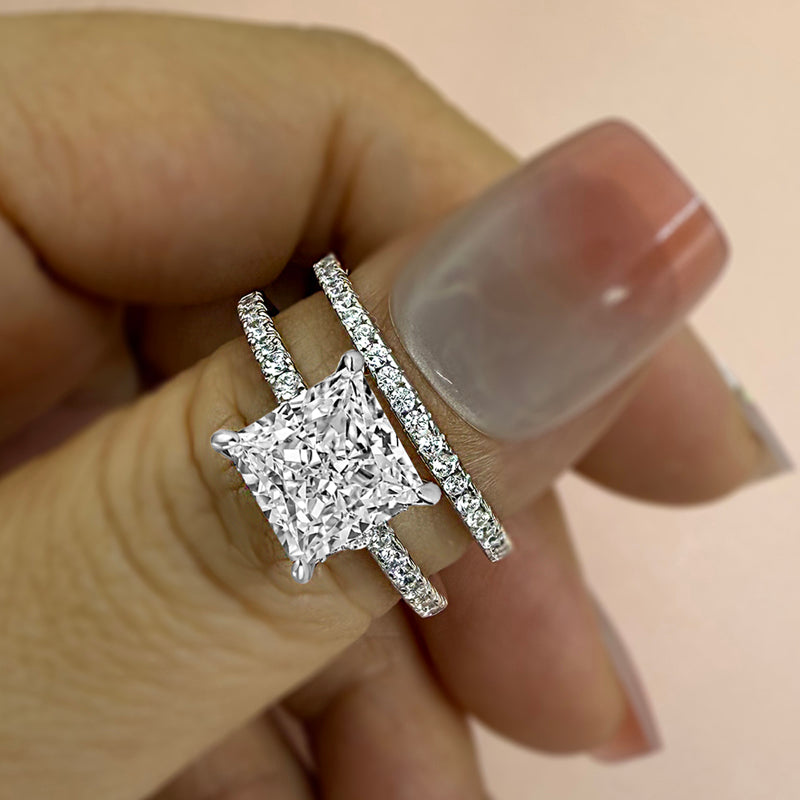 2pcs  Silver Engagement Ring Set with 2.0 Carat Princess Cut Gemstone Item no.TJ008A