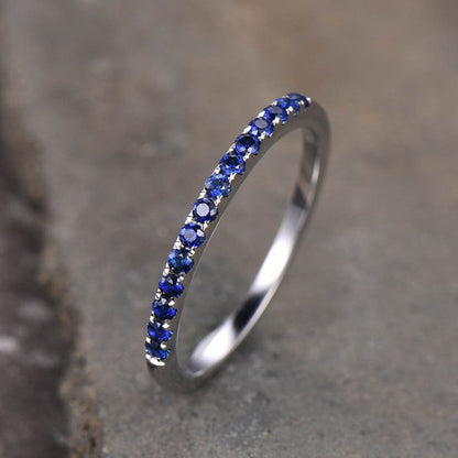 925 Sterling Silver 18K White Gold 0.3CT Blue Sapphire Ring 1.7mm Band