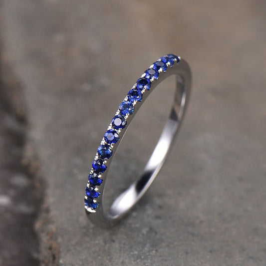 925 Sterling Silver 18K White Gold 0.3CT Blue Sapphire Ring 1.7mm Band
