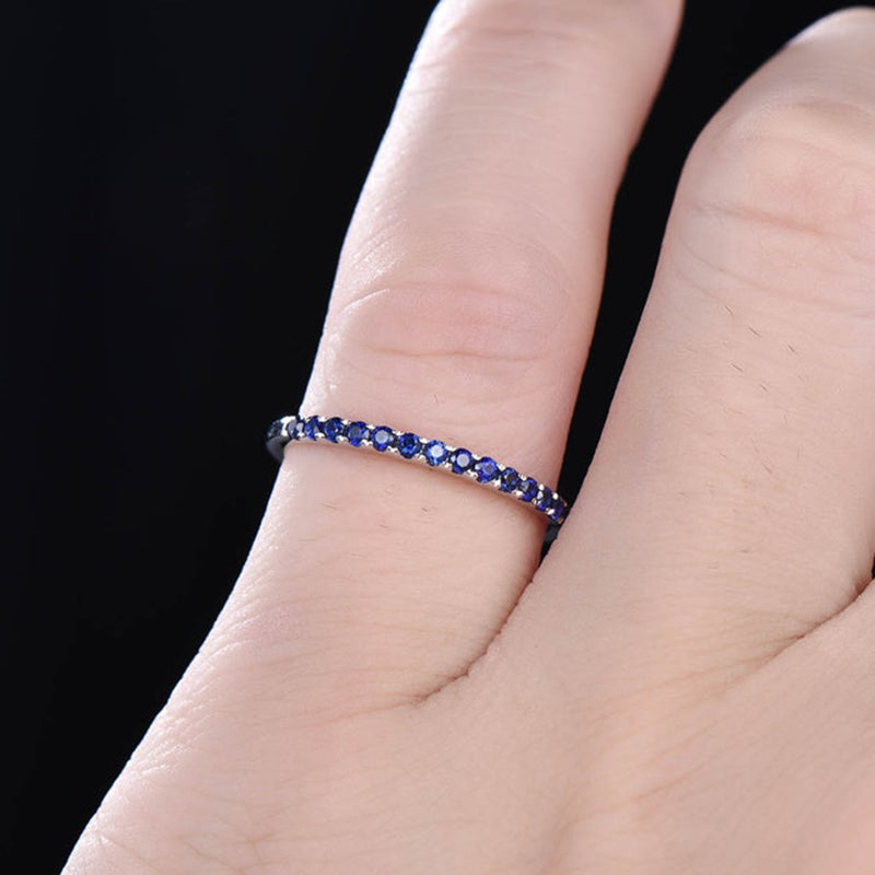 925 Sterling Silver 18K White Gold 0.3CT Blue Sapphire Ring 1.7mm Band