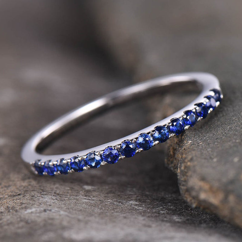 925 Sterling Silver 18K White Gold 0.3CT Blue Sapphire Ring 1.7mm Band
