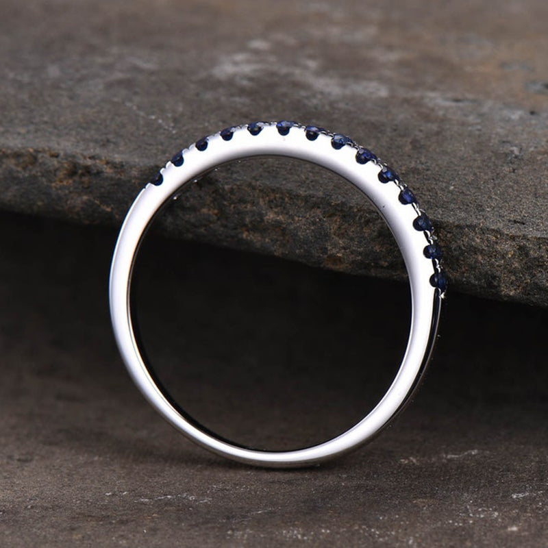 925 Sterling Silver 18K White Gold 0.3CT Blue Sapphire Ring 1.7mm Band