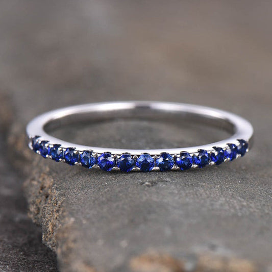 925 Sterling Silver 18K White Gold 0.3CT Blue Sapphire Ring 1.7mm Band