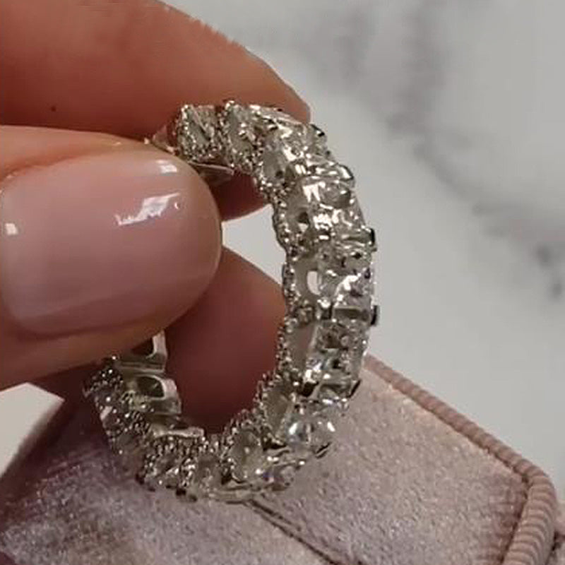 925 Silver White Gold Plated 6ct Cushion Cut Travel Wedding Band
