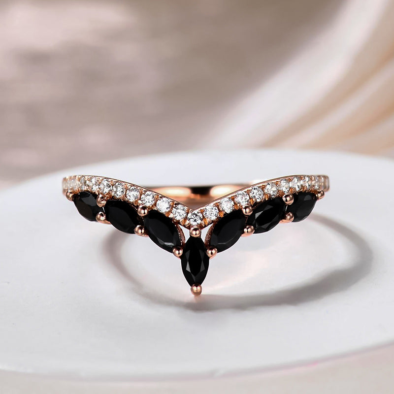 925 Silver 18K Rose Gold 0.5Ct Black Marquise Diamond Ring