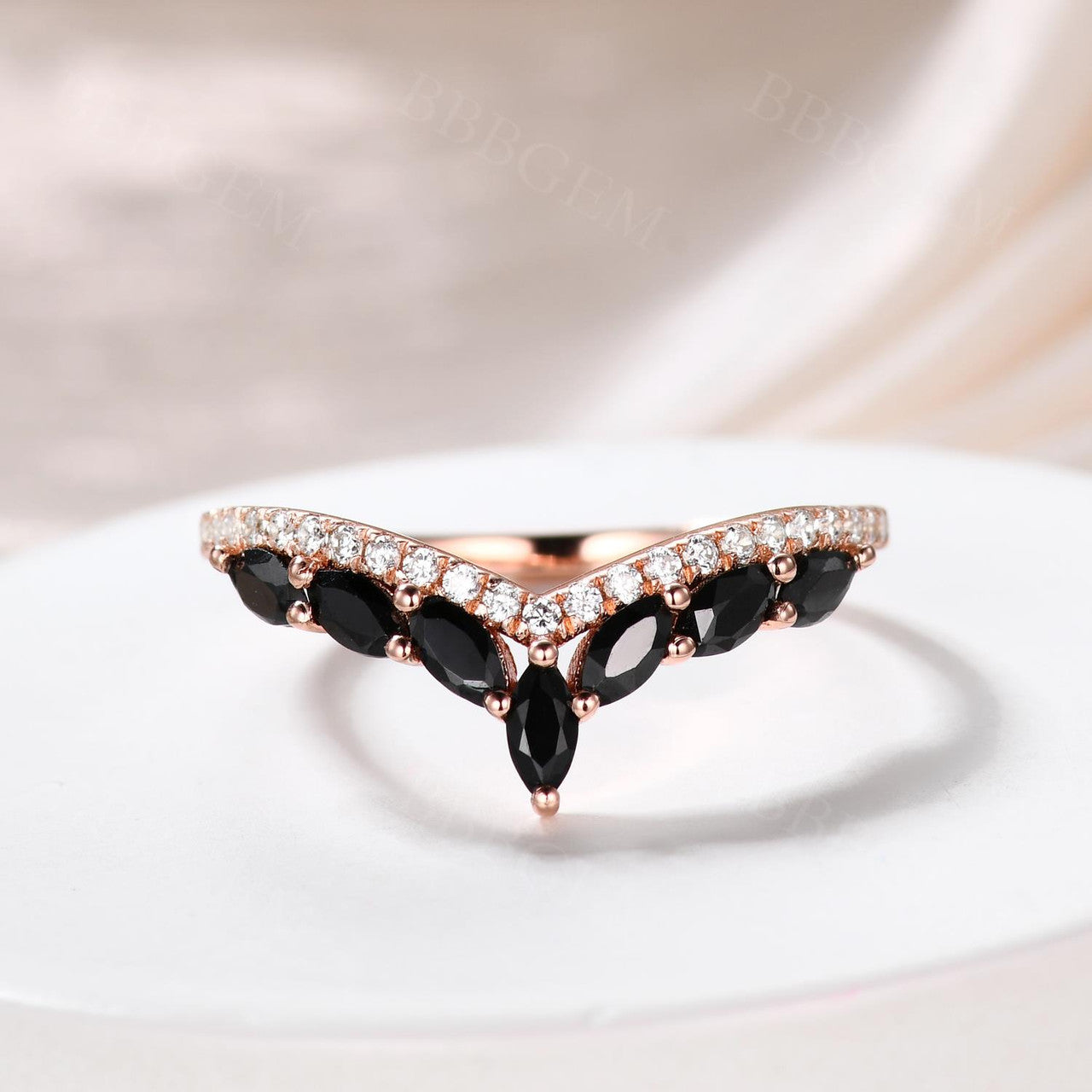 925 Silver 18K Rose Gold 0.5Ct Black Marquise Diamond Ring