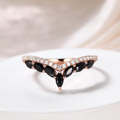 925 Silver 18K Rose Gold 0.5Ct Black Marquise Diamond Ring
