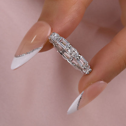 925 Silver Two-Tone Emerald & Oval Cut Diamond Wedding Band