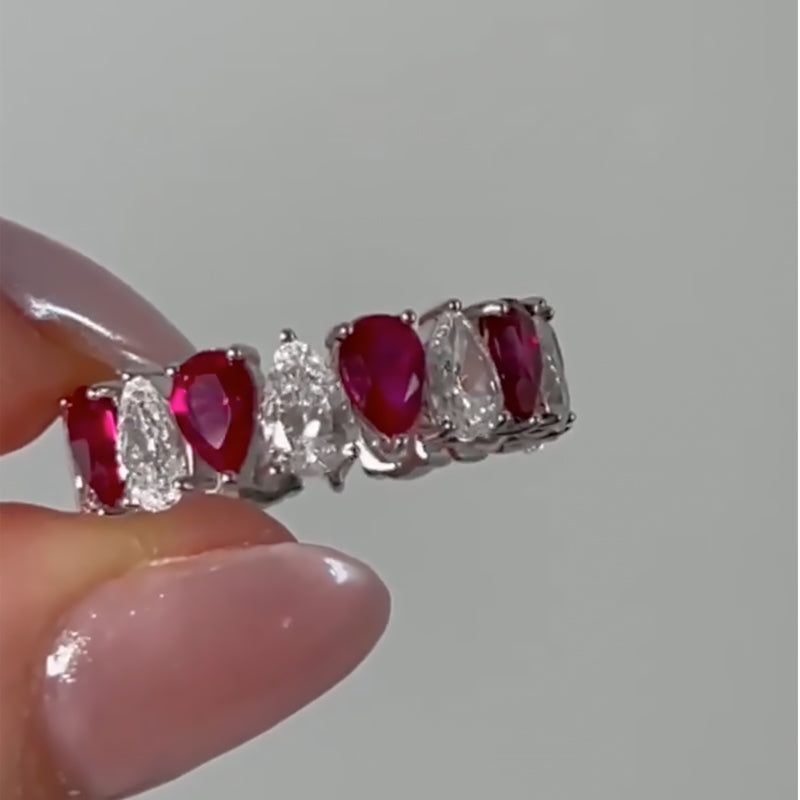 925 Silver White Gold Plated 8ct Pear Cut Color Diamond Band