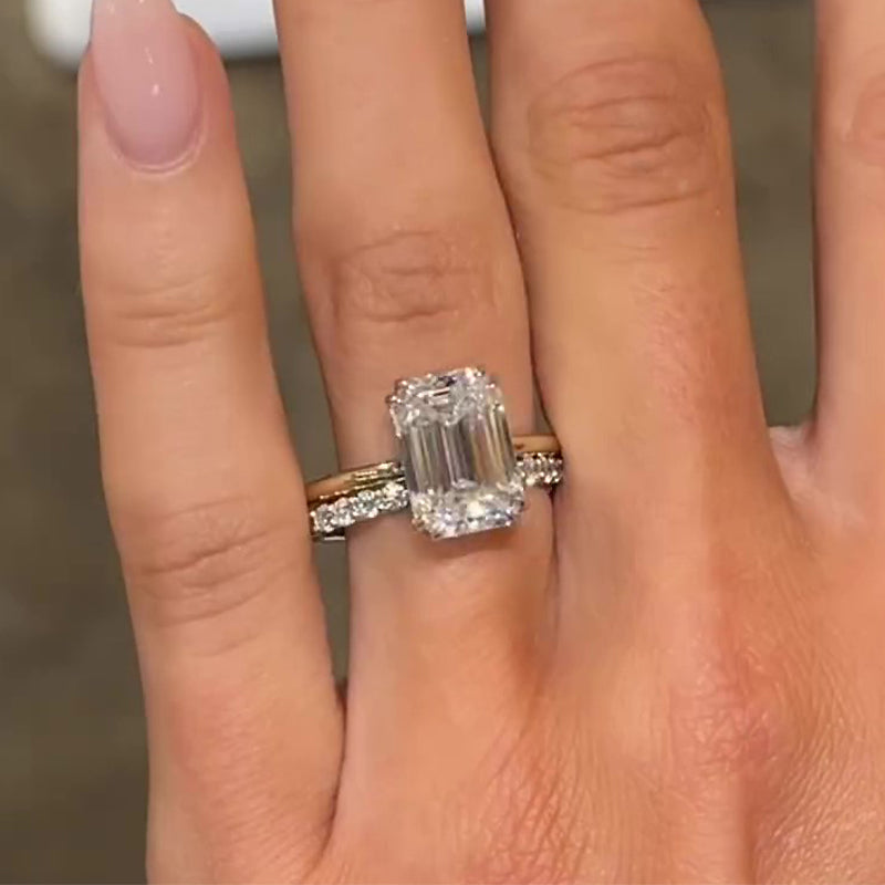11.5Ct Emerald Cut Diamond Ring Two-Tone Gold Set