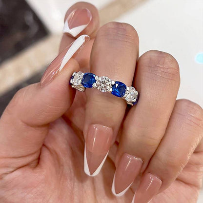 8.0Ct Blue & White Sapphire Wedding Band - 18K White Gold Plated