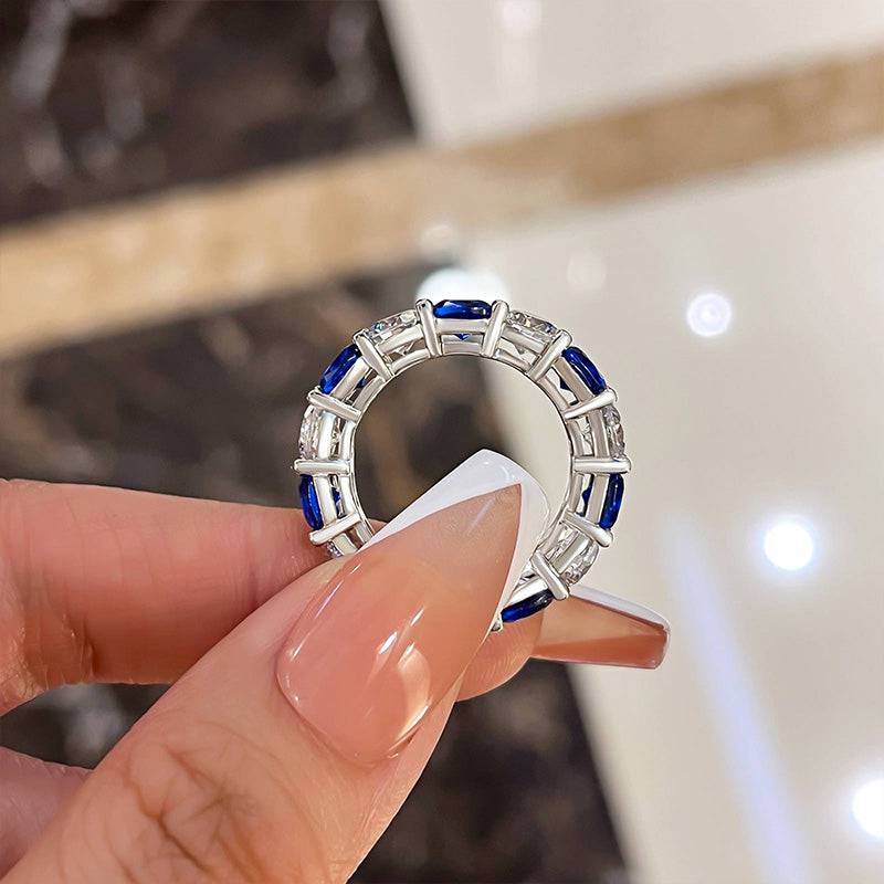 8.0Ct Blue & White Sapphire Wedding Band - 18K White Gold Plated