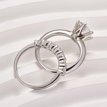 925 Silver 18K White Gold 2Ct Round Moissanite Wedding Set